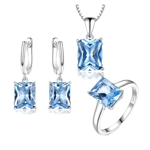 PVUVTNAHW Sky Blue Topas Edelstein Schmuck Sets for Frauen 925 Sterling Silber Ringe Halskette Anhänger Clip Ohrringe(6) von PVUVTNAHW