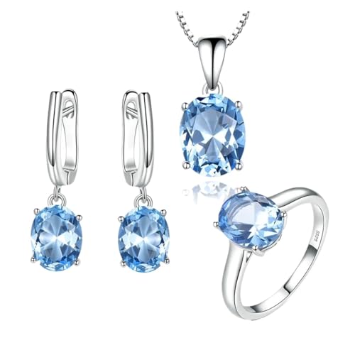 PVUVTNAHW Sky Blue Topas Edelstein Schmuck Sets for Frauen 925 Sterling Silber Ringe Halskette Anhänger Clip Ohrringe(9) von PVUVTNAHW