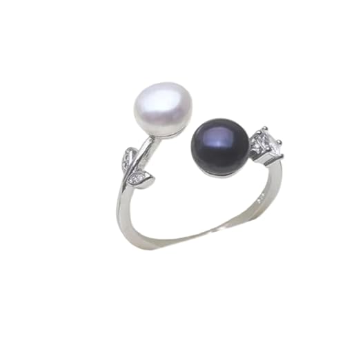 PVUVTNAHW Süßwasser Natürlicher Verstellbarer Perlenring Mini Kleiner 925 Silberring for Mutter Ehefrau Geburtstag(White black) von PVUVTNAHW