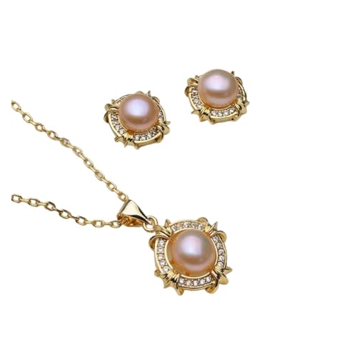 PVUVTNAHW Trendy Hochzeit Natürliche Süßwasser Perle Halskette Und Ohrringe Schmuck Set for Frauen(Pink) von PVUVTNAHW