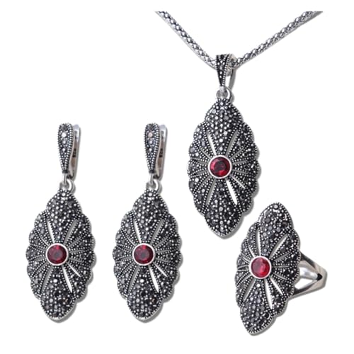 PVUVTNAHW Vintage Geschnitzte Rote Zirkon Geometrische Anhänger Ohrring Halskette Ringe for Frauen Strass Schmuck Set(8) von PVUVTNAHW