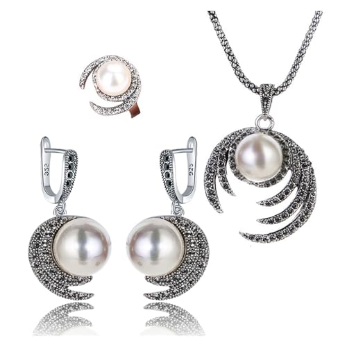 PVUVTNAHW Weiße Perle Mondform Anhänger Ohrringe Halskette Ringe for Damen Hochzeit Schmuck-Sets(9) von PVUVTNAHW