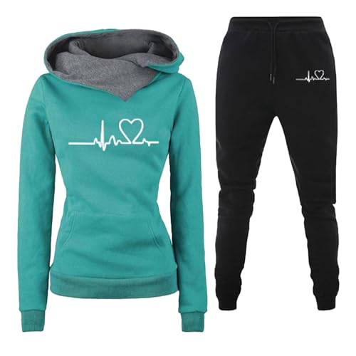 PW TOOLS Damen Trainingsanzug Set 2-Teilig Casual Sportswear Set Heartbeat Print Hoodie Jogginganzug Damen Kapuzenpullover Sporthose von PW TOOLS