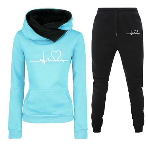 PW TOOLS Damen Trainingsanzug Set 2-Teilig Damen Casual Sportswear Set Heartbeat Print Hoodie Jogginganzug Damen Set Trainingsanzug Damen Kapuzenpullover Sporthose Set von PW TOOLS