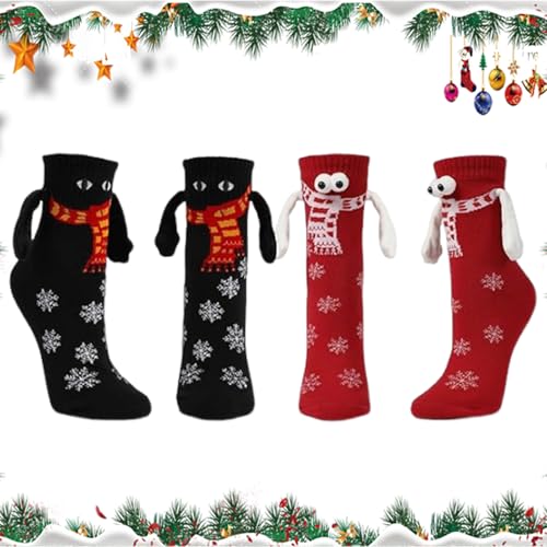 Weihnachtssocken, Lustige Socken, 2 Paar 3d Socken mit Spruch, Unisex Weihnachtssocken mit Magnetarmen, Lustige Hand In Hand Freundschaftssocken Weihnachten füR Damen und Herren (Rot + Schwarz) von PWCTNT
