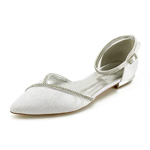 PWEFUR Damen Flache Spitzen Zehe Ballerinas Strass Knöchelriemen Brautschuhe mit Knöchelriemen,Ivory White,43 EU von PWEFUR