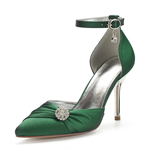 PWEFUR Damen Spitze Zehen Stiletto Pumps Strass Dekor D'Orsay Knöchelriemen Hochzeitsschuhe,Dark Green,42 EU von PWEFUR