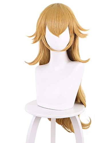 PWEINCY Lange gewellte gelbe Perücke mit Pony für Erwachsene Frauen Mädchen Pfirsich Cosplay Prinzessin Kostüm Party lockiges Haar von PWEINCY