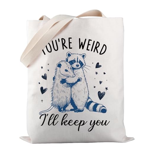 PWHAOO Sarkastische Tiersprüche You're Weird I'll Keep You Lustige Waschbär-Tragetasche Waschbär Opossum Geschenk, You're Weird Tragetasche, Medium von PWHAOO