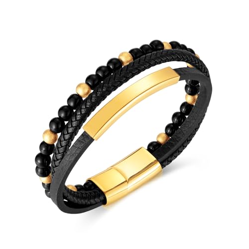 PWSHZ Mehrschichtiges Handgefertigtes Geflochtenes Lederseil-Armband, Schmuck, Schwarzes Achat-Perlenarmband Für Männer,Golden,21 Cm von PWSHZ