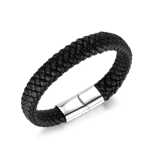 PWSHZ Schwarzes Geflochtenes Lederarmband Für Herrenschmuck Aus Titanstahl,Schwarz,19cm von PWSHZ