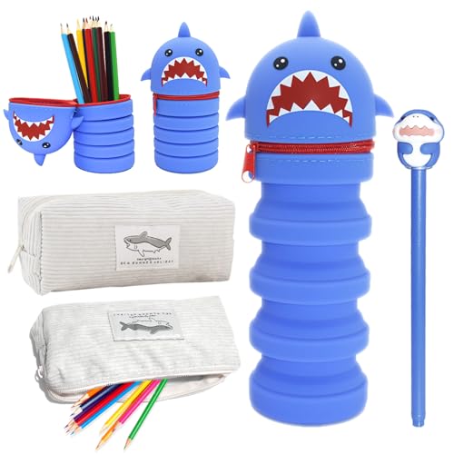 PXBSNB 2-in-1 Silikon Federmäppchen, Teleskopisc Stand up Federmäppchen, Weiche Silikon Stifte Mäppchen mit Teißverschluss, Kawaii Cartoon Tier Stifthalter für Jungen und Mädchen (Blau Shark) von PXBSNB