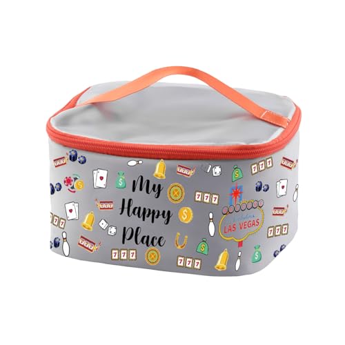 PXTIDY Kosmetiktasche mit Aufschrift "My Happy Place Las Vegas", Las Vegas Reise, Make-up-Organizer, Tasche, Casino-Liebhaber-Geschenk, GRAU, ONE SIDE, modisch von PXTIDY