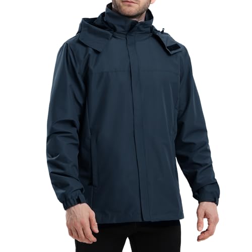 Herren Regenjacke Wasserdicht Atmungsaktiv Outdoorjacke Windbreaker mit Kapuze Leichte Freizeitjacke Fahrrad Regenjacke für Wandern Reisen Blau XL von PYALT