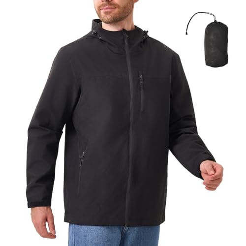 Jacke Herren Wasserdichte Atmungsaktiv Softshelljacke Leichte Regenjacke Packbare Windbreaker Fahrrad Regenmantel mit Kapuze Black XL von PYALT