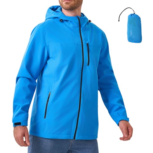Jacke Herren Wasserdichte Atmungsaktiv Softshelljacke Leichte Regenjacke Packbare Windbreaker Fahrrad Regenmantel mit Kapuze Blue XXL von PYALT
