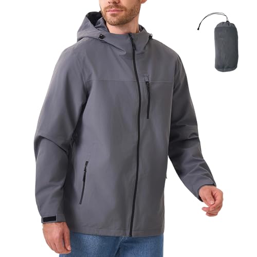 Jacke Herren Wasserdichte Atmungsaktiv Softshelljacke Leichte Regenjacke Packbare Windbreaker Fahrrad Regenmantel mit Kapuze Grey XXL von PYALT
