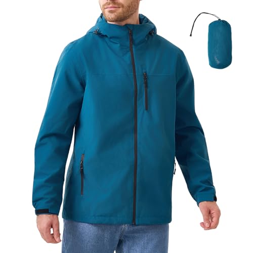 Jacke Herren Wasserdichte Atmungsaktiv Softshelljacke Leichte Regenjacke Packbare Windbreaker Fahrrad Regenmantel mit Kapuze Navy Blue XL von PYALT