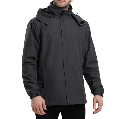 PYALT Herren Regenjacke Wasserdicht Atmungsaktiv Outdoorjacke Windbreaker mit Kapuze Leichte Freizeitjacke Fahrrad Regenjacke für Wandern Reisen Grau L von PYALT