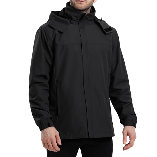 PYALT Herren Regenjacke Wasserdicht Atmungsaktiv Outdoorjacke Windbreaker mit Kapuze Leichte Freizeitjacke Fahrrad Regenjacke für Wandern Reisen Schwarz L von PYALT