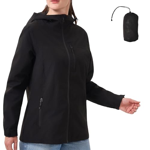 PYALT Regenjacke Damen 10000MM Wasserdicht Outdoorjacke Atmungsaktiv Übergangsjacke Leichte Jacke mit Kapuze Windbreaker zum Wandern Reisen Treking Fahrrad Black XXL von PYALT
