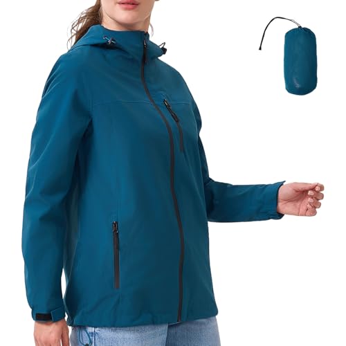 PYALT Regenjacke Damen 10000MM Wasserdicht Outdoorjacke Atmungsaktiv Übergangsjacke Leichte Jacke mit Kapuze Windbreaker zum Wandern Reisen Treking Fahrrad Navy Blue S von PYALT