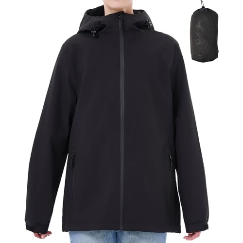PYALT Regenjacke Damen Wasserdicht Outdoorjacke Atmungsaktiv Regenmantel Mit Kapuze Faltbar Leicht Windbreaker Fahrradjacke Black L von PYALT