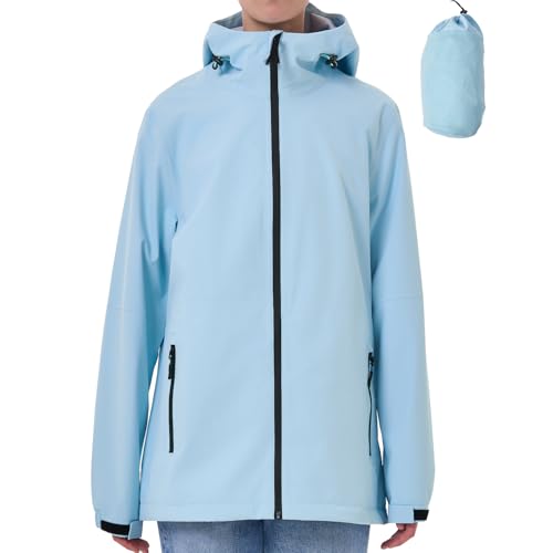 PYALT Regenjacke Damen Wasserdicht Outdoorjacke Atmungsaktiv Regenmantel Mit Kapuze Faltbar Leicht Windbreaker Fahrradjacke Light Blue M von PYALT