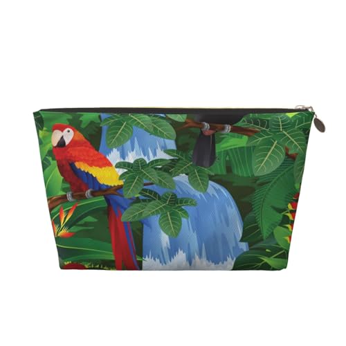 PYCAHENK Kulturbeutel aus bedrucktem Leder, Motiv: Ara und Tukan, Motiv: Amerikanische Regenwälder, Reise-Organizer-Tasche mit Reißverschluss, tragbarer Kulturbeutel, gold, Einheitsgröße von PYCAHENK