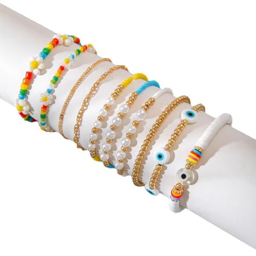 PYEUIFT 10 Stück Armband Boho, Böhmische Armband, Teufelsauge Armband, Handgemachte Perlen Sommer Armband Elastischer Faden Armband Bunte mehrschichtige Perlen Armband für Frauen Damen Mädchen von PYEUIFT