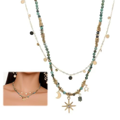 PYEUIFT 2 Stück Kette Gold Damen Sterne und Mond Kette Türkis Kette Sommer Kette boho kette boho kette damen boho von PYEUIFT