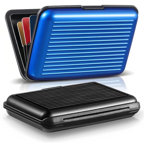 PYEUIFT 2 Stück Kreditkartenetui aus Aluminium, Kredit Kartenetui, Card Holder Wasserdichtes Visitenkartenetui Mini RFID Blockierender Metall ID Organizer Geldbörse für Damen Herren-Schwarz Blau von PYEUIFT