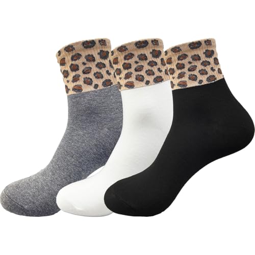 PYEUIFT 3 Stück Crew Socken Damen 35-41 - Baumwolle Socken Leopardenmuster Damen - Tennissocken mit Leopardenmuster - Leo Socken Damen Wintersocken(1） von PYEUIFT