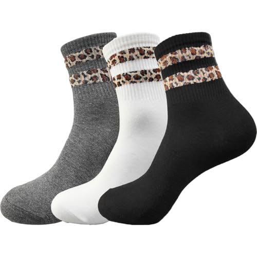 PYEUIFT 3 Stück Crew Socken Damen 35-41 - Baumwolle Socken Leopardenmuster Damen - Tennissocken mit Leopardenmuster - Leo Socken Damen Wintersocken(2） von PYEUIFT