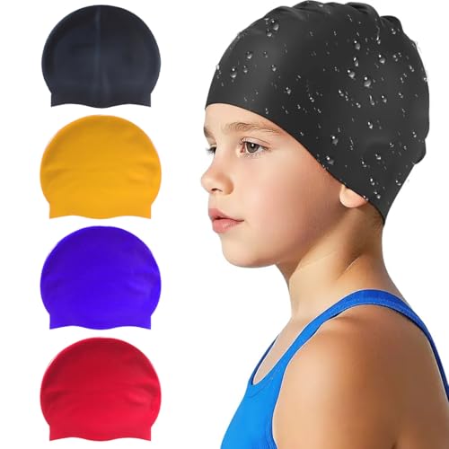 PYEUIFT 4 Stück Classic Silicone Gorro de Natación Unisex, Badekappe Mädchen - wasserdichte Badekappe Kinder mit Anti-Rutsch-Noppen - Badehaube Kinder - Schwimmkappe Kinder von PYEUIFT