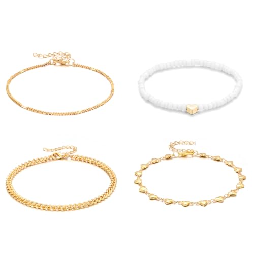 PYEUIFT 4 Stück Fußkette Gold Damen, Boho Perlen Fußkettchen Mode Mehrschichtige Forever Herz Pearl CZ Fußkettchen Set Wasserfest Verstellbar Strand Fuß Schmuck für Frauen und Mädchen von PYEUIFT