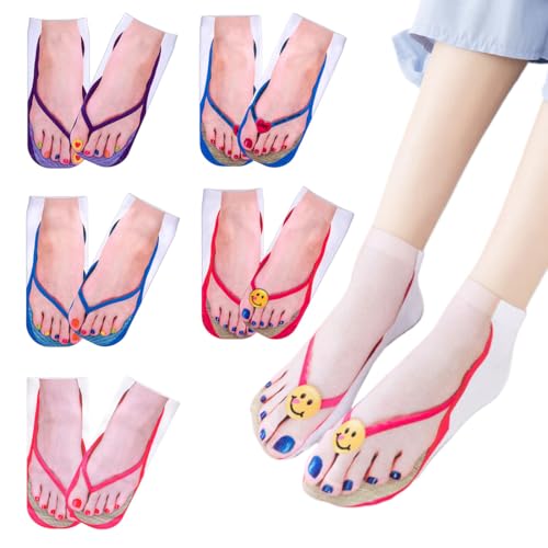 PYEUIFT 5 Stück Flip Flop Socken 3D Muster ManiküRe Druck Lustige Versteckte Komfort Laufsocken Damen Personalisiert Geschnitten Ankle von PYEUIFT