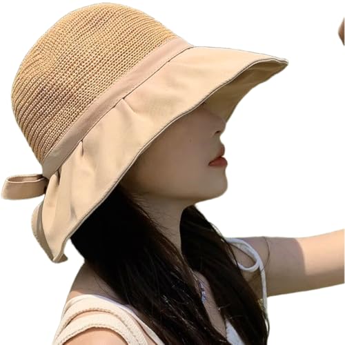 PYEUIFT Damen Sommerhut mit UV-Schutz, Faltbar, Bequem, Atmungsaktiv, Klassisch, Sonnenschutz, Khaki, Einfarbig, Stroh, Sommer, Erwachsene, Female von PYEUIFT