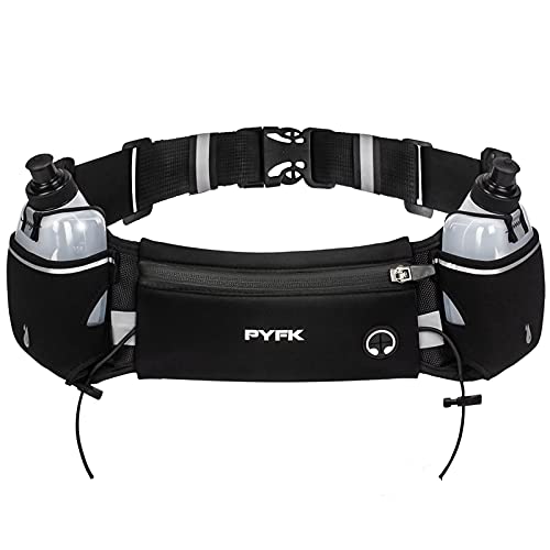 PYFK Verbesserter Laufgürtel mit Wasserflaschen, Trinkgürtel für Damen und Herren, Wasserflaschenhalter, Lauftasche, Hüfttasche für Laufen, Wandern (schwarz aktualisiert) von PYFK