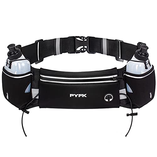 PYFK Verbesserter Laufgürtel mit Wasserflaschen, Trinkgürtel für Männer und Frauen, Wasserflaschenhalter, Lauftasche, Bauchtasche für 7 Zoll Handys, Hüfttasche für Läufer Joggen (schwarz) von PYFK