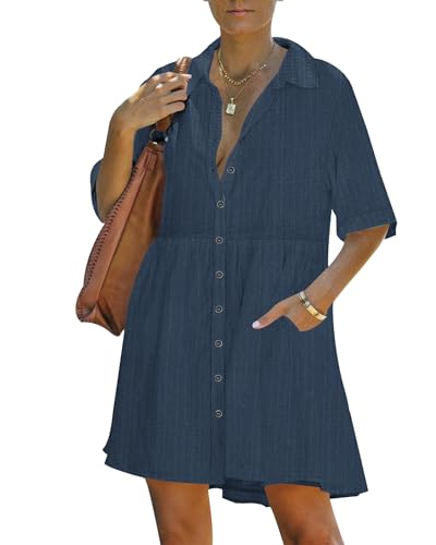 PYGFEMR Damen Kurzarm Babydoll Kleid Button Down Kleider mit Taschen, B-grau blau, X-Groß PYGFEMR Damen Kurzarm Babydoll Kleid Button Down Kleider mit Taschen, B-grau blau, X-Groß von PYGFEMR
