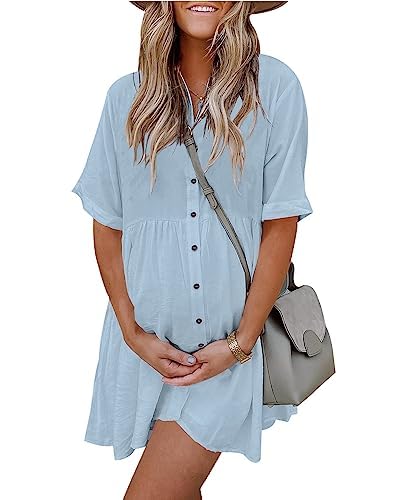 PYGFEMR Damen Kurzarm Babydoll Kleid Button Down Kleider mit Taschen, Hell, blau, X-Groß von PYGFEMR