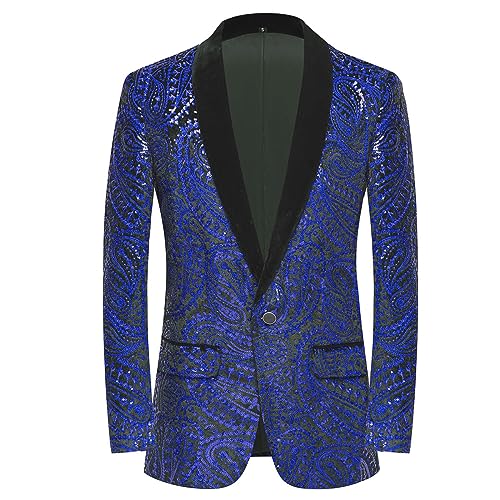 PYJTRL Glänzende Pailletten-Anzugjacke für Herren, Klassische Florale Anzugjacke, modisch, geeignet für Partys, Hochzeiten, Bankette, Abschlussbälle,Blue,L von PYJTRL