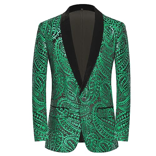 PYJTRL Glänzende Pailletten-Anzugjacke für Herren, Klassische Florale Anzugjacke, modisch, geeignet für Partys, Hochzeiten, Bankette, Abschlussbälle,Green,3XL von PYJTRL