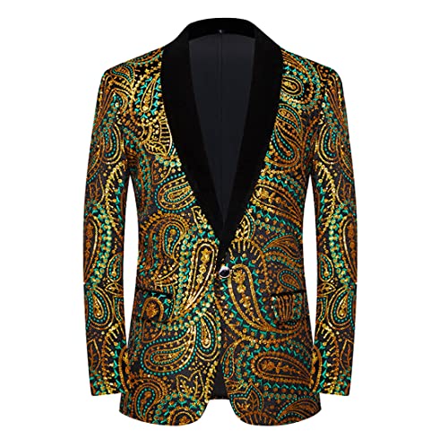 PYJTRL Glänzende Pailletten-Anzugjacke für Herren, Klassische Florale Anzugjacke, modisch, geeignet für Partys, Hochzeiten, Bankette, Abschlussbälle,Green Gold,3XL von PYJTRL