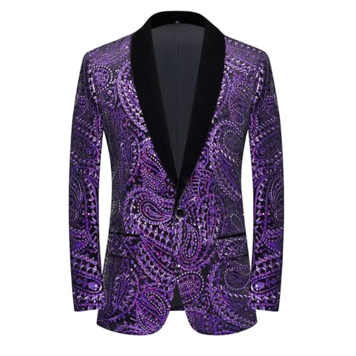 PYJTRL Glänzende Pailletten-Anzugjacke für Herren, Klassische Florale Anzugjacke, modisch, geeignet für Partys, Hochzeiten, Bankette, Abschlussbälle,Purple,3XL von PYJTRL