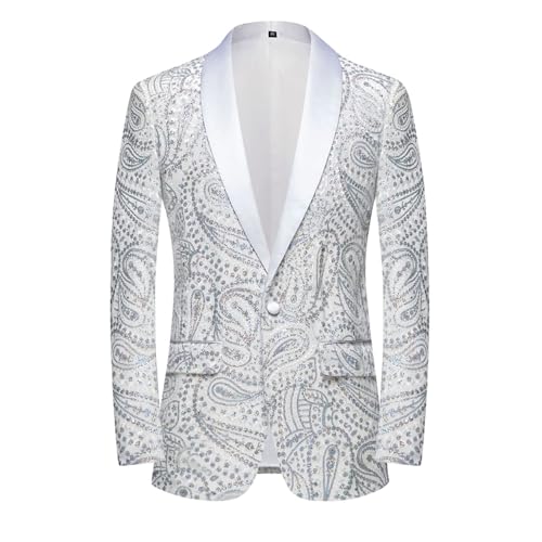 PYJTRL Glänzende Pailletten-Anzugjacke für Herren, Klassische Florale Anzugjacke, modisch, geeignet für Partys, Hochzeiten, Bankette, Abschlussbälle,White,L von PYJTRL