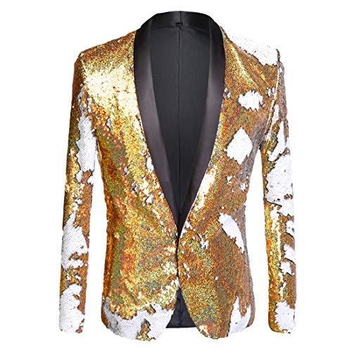 PYJTRL Herren-Blazer, modisch, zweifarbig, glänzend, Pailletten, Blazer, Gold + Weiß 01, L von PYJTRL