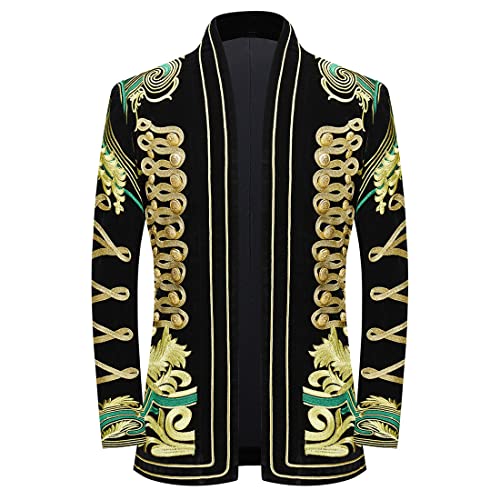 PYJTRL Herren Blazer/Anzugjacke mit goldfarbener Stickerei, Schwarz,Green Flower,3XL von PYJTRL