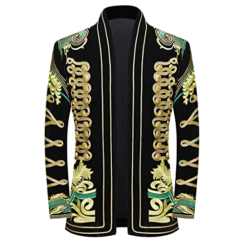 PYJTRL Herren Blazer/Anzugjacke mit goldfarbener Stickerei, Schwarz,Green Flower,L von PYJTRL